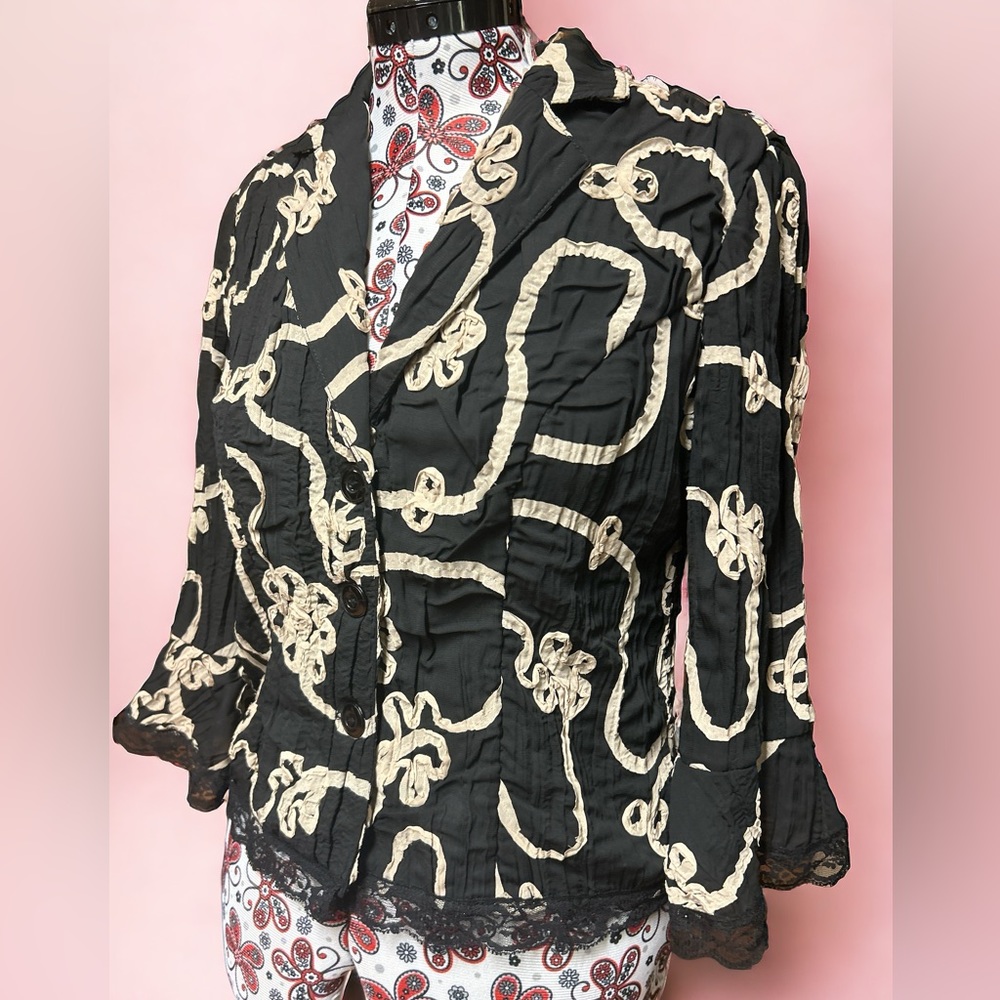 Joseph Ribkoff Black Cream Ribbon Embroidery Blazer Jacket Lace Trim Size 10